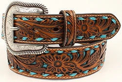Nocona Men's Floral Pierced Turquoise Underlay Belt 1 Nocona Men's Floral Pierced Turquoise Underlay Belt