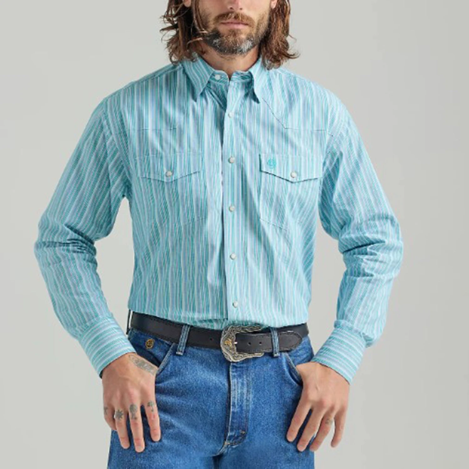 Wrangler Teal Striped George Strait Shirt 1 Wrangler Teal Striped George Strait Shirt